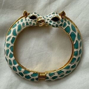 Signed KJL Kenneth Jay Lane Double Giraffe Enamel Blue Clamper Spring Bracelet